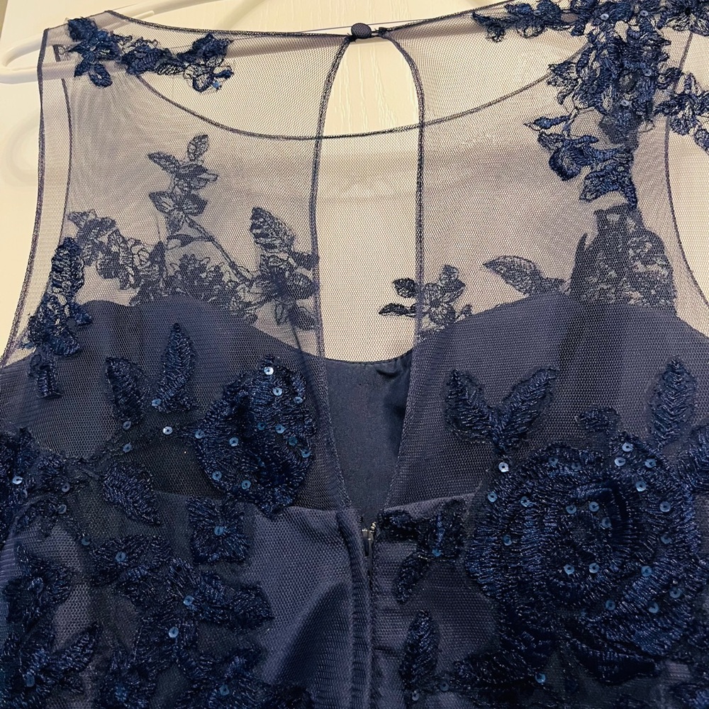 David's Bridal navy blue formal dress sheer, embroidered, and sequined bodice - Picture 4 of 5